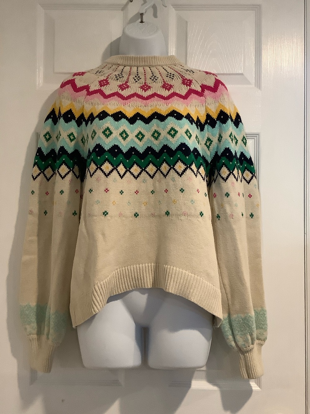 CROWN & IVY Cream/Multicolor Fair Isle Cotton Blend Warm Fall Winter Sweater PM